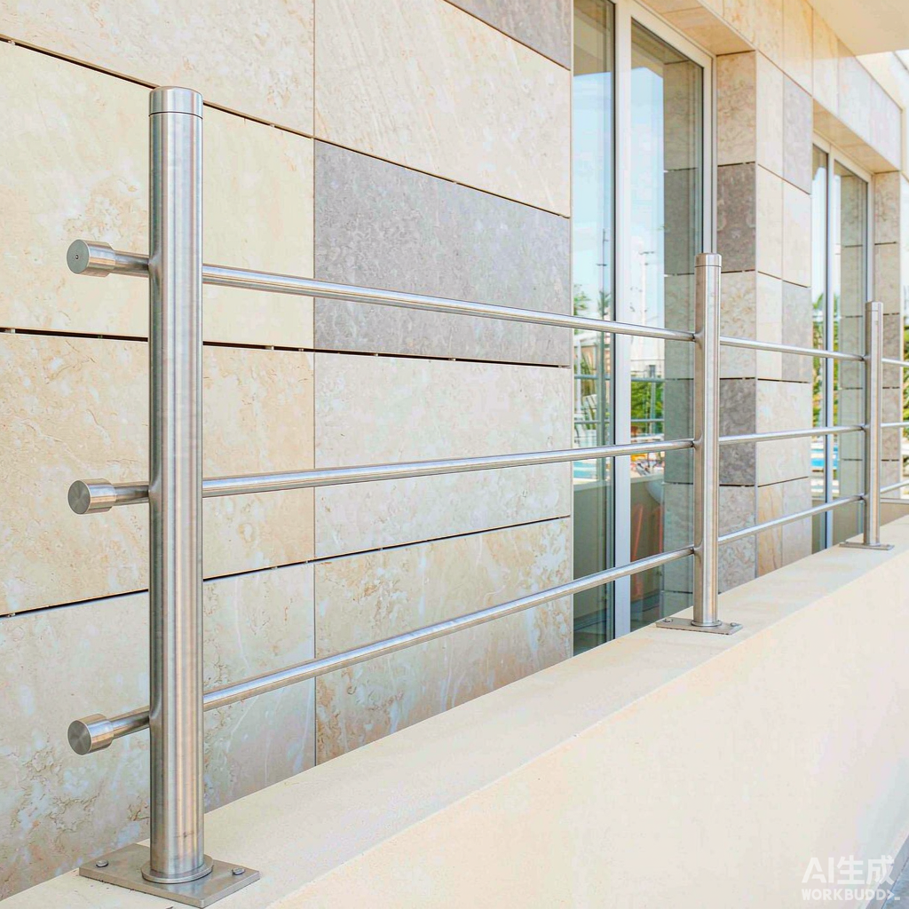 Exterior balcony handrail with horizontal mid-rails, brushed stainless steel