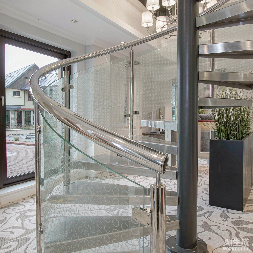 Curved stainless steel railing on spiral staircase with glass panel infill