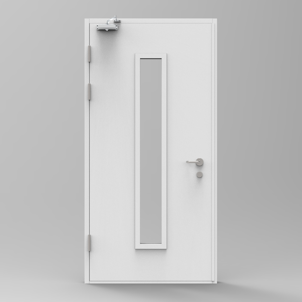 Single-sash fire door with narrow vertical window